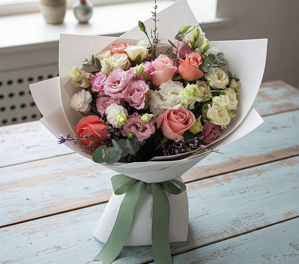 Букет цветов из: Розы, Лизиантусы и Гвоздики в Асекеево