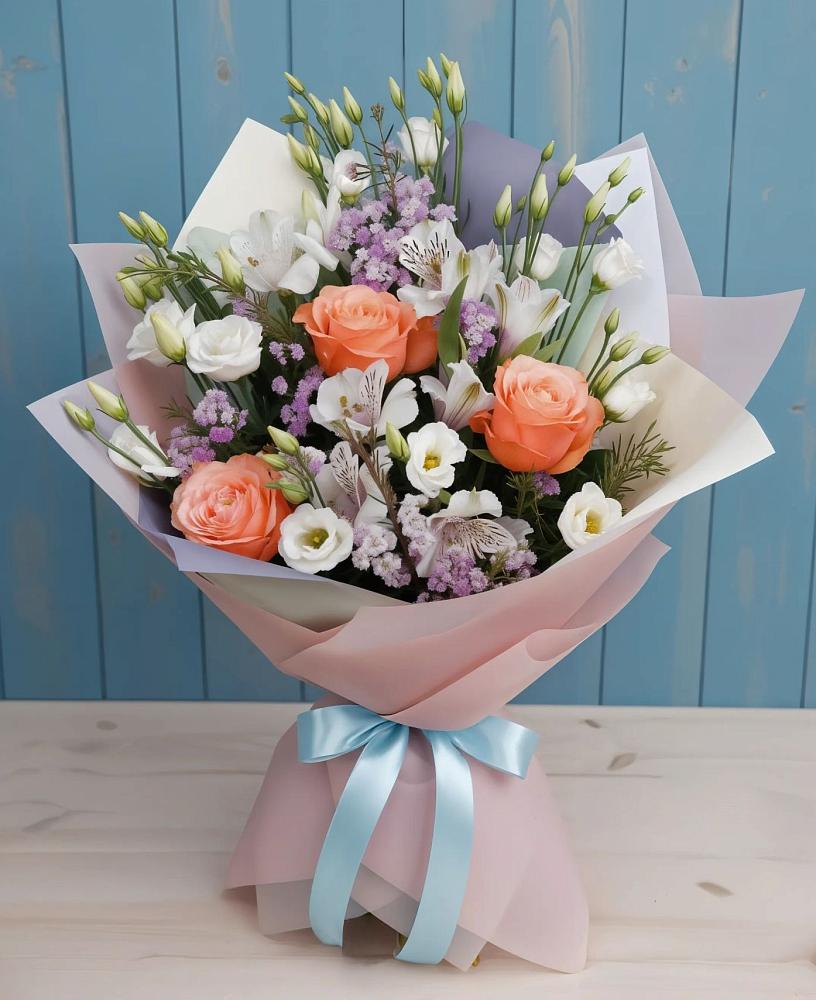 Букет цветов из: Лизиантусы, Розы, Альстромерии и Гипсофила в Асекеево