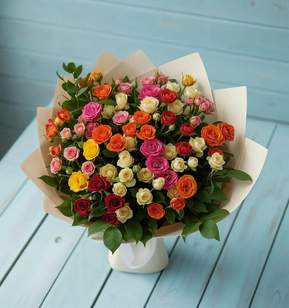 Букет Микс из разноцветных кустовых роз в Асекеево