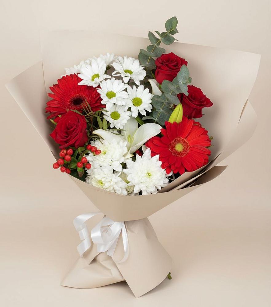 Букет цветов из: Розы, Хризантемы, Герберы и Лилии в Асекеево
