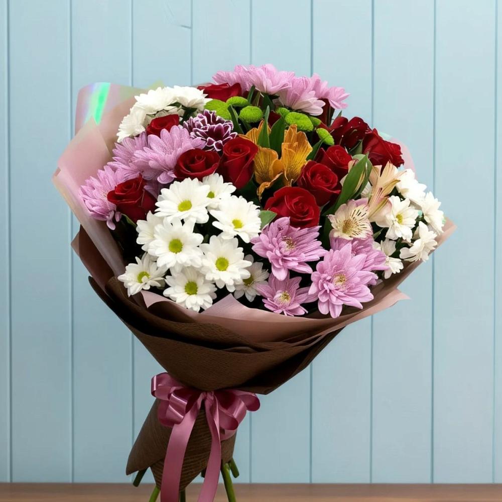Букет цветов из: Розы, Хризантемы и Альстромерии в Асекеево